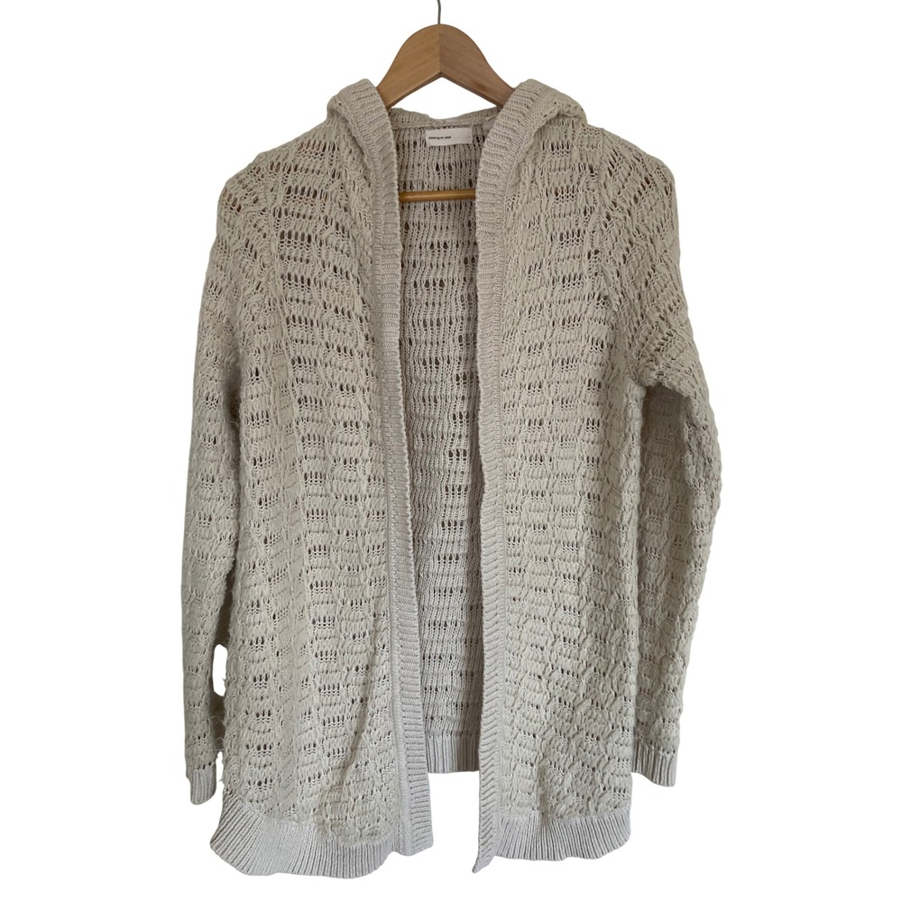 Anthropologie Sleeping on Snow Cream Pointelle Knit Hooded Open Cardigan Small